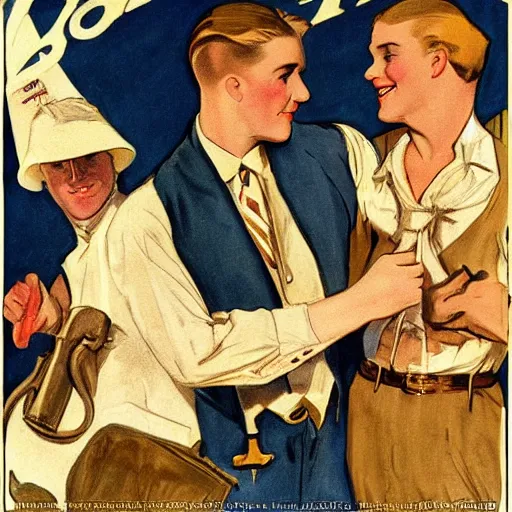 Prompt: 1 9 2 0 s leyendecker style, handsome blonde farmer man, handsome brunette worker man, serenading