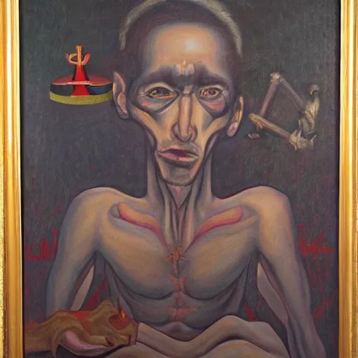 Image similar to portre of an autistic demon on acid, masonic and kabalistic symbols in background, oil painting