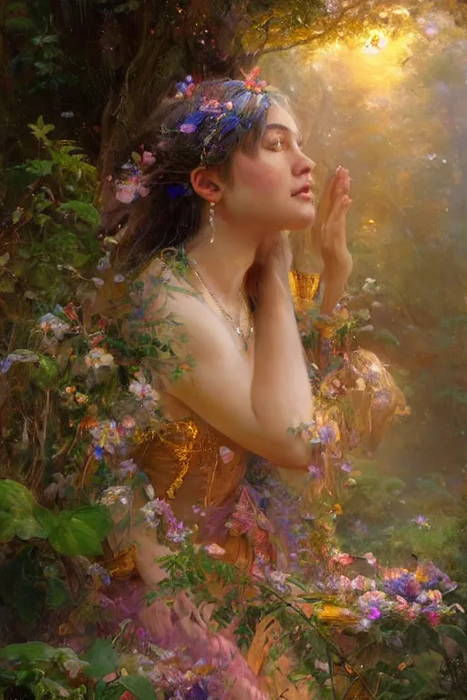 Prompt: The goddess of dreams and crystals in her arborial realm | hyperrealistic | volumetric lighting | artstation | 8k | golden hour | pino daeni and jc leyendecker