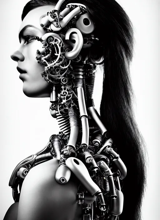 Image similar to a stunning young female cyborg profile face, face is made intricate tribal bio - mechanical, editorial photography, bw, shot on 7 0 mm, depth of field, f / 2. 8, high contrast, 1 6 k, rays of shimmering light, volumetric lighting, shiny, insanely detailed and intricate, hypermaximalist, elegant, ornate, hyper realistic, super detailed