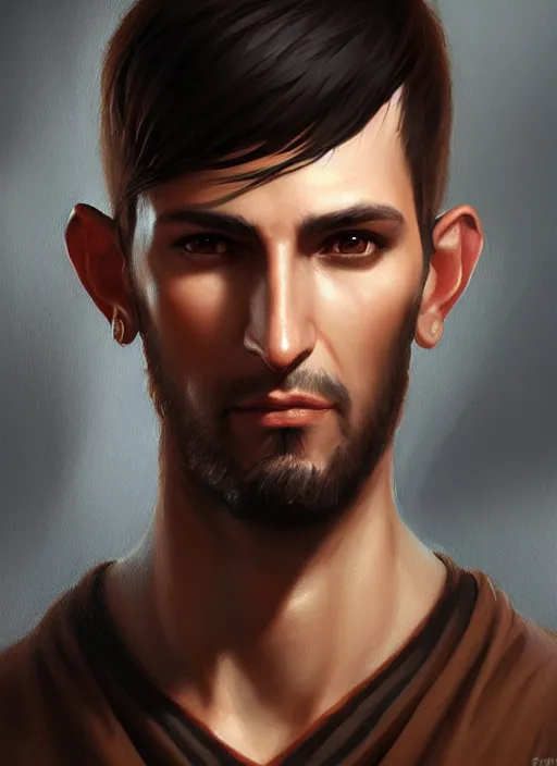 Image similar to a _ fantasy _ style _ portrait _ painting _ of light brown argentinian male short black hair defined very chiseled facial features long face big ears, rpg dnd oil _ painting _ unreal _ 5 _ daz. _ rpg _ portrait _ extremely _ detailed _ artgerm _ greg _ rutkowski _ greg