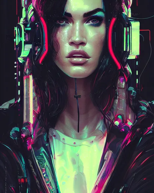 Image similar to detailed portrait Megan Fox Neon Operator Girl, cyberpunk futuristic neon, reflective puffy coat, decorated with traditional Japanese ornaments by Ismail inceoglu dragan bibin hans thoma greg rutkowski Alexandros Pyromallis Nekro Rene Maritte Illustrated, Perfect face, fine details, realistic shaded, fine-face, pretty face