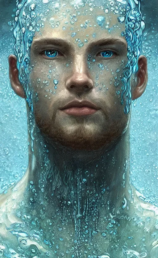 Prompt: portrait of a water man, a humanoid creature made of pure water with tiny water plants on him, concept art, deep focus, fantasy, intricate, highly detailed, digital painting, artstation, matte, sharp focus, illustration, art by artgerm and greg rutkowski and alphonse mucha