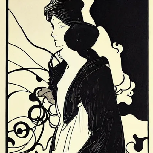 Image similar to Tilda Swinton posing like a gamer, black ink illustration, woodblock print, by Aubrey Beardsley, Alphonse Mucha, Tolouse-Lautrec