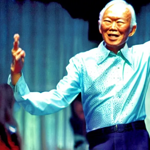 Image similar to A still of Lee Kuan Yew wearing a disco suit in Saturday Night Fever