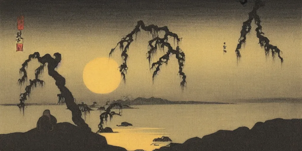 Prompt: savannah at night by ohara koson, 1 9 1 0