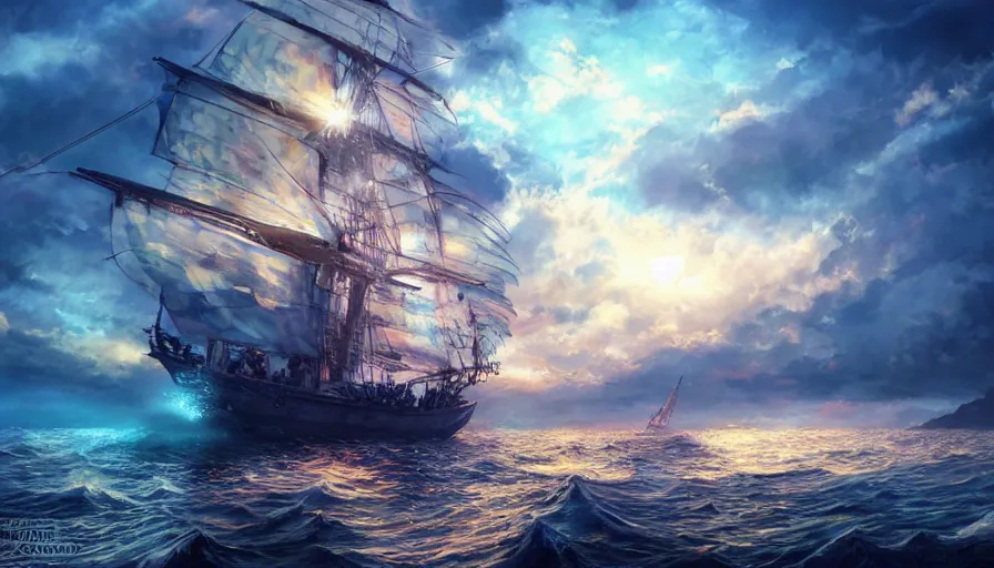 Image similar to pirate ship sailing, boisterous heaven, raging sky, sun lighting through clouds, with blue light piercing through clouds, makoto shinkai, royal blue colors, lighting refraction, volumetric lighting, pixiv art, highly detailed, anime art, symmetrical, wlop, anime art