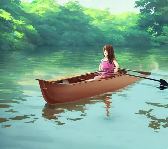 Prompt: a girl rowing a small rowboat, girl is focus, medium shot. Narrow river, close river bank, shady, forest, jungle, vines, trees, ripples, reflections. By Makoto Shinkai, Stanley Artgerm Lau, WLOP, Rossdraws, James Jean, Andrei Riabovitchev, Marc Simonetti, krenz cushart, Sakimichan, D&D trending on ArtStation, digital art.