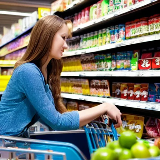 Image similar to beautiful woman sitting in a highly detailed grocery store isle