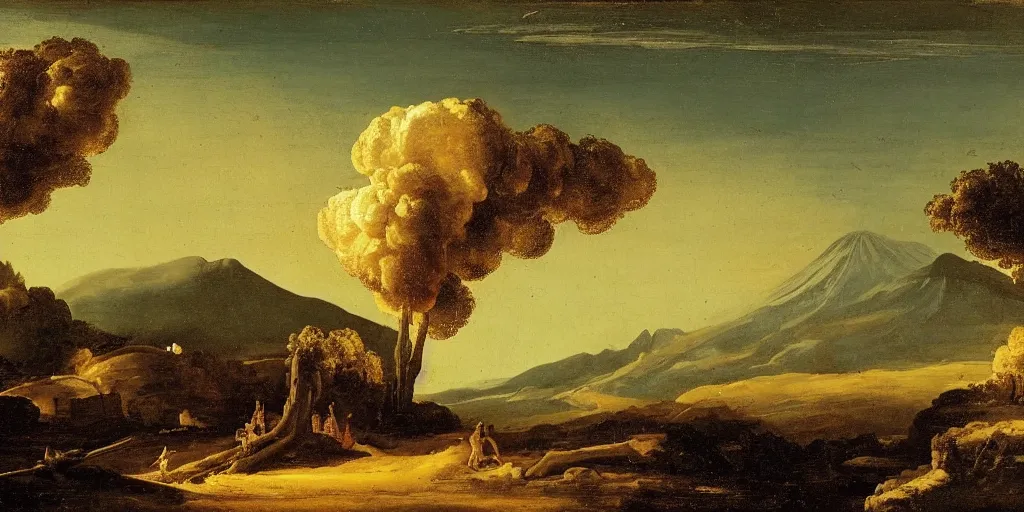 Image similar to an exploding volcano seething, ethereal landscape, claude lorrain pastoral landscape