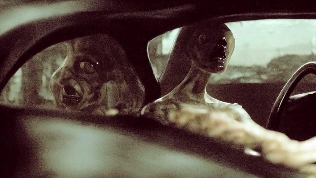 Image similar to the creature sits in a car, made of wax and metal, they look me in the eye, film still from the movie directed by Denis Villeneuve and David Cronenberg with art direction by Salvador Dalí, wide lens