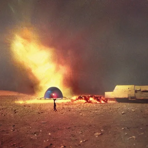 Image similar to army troops surround shiny metallic ufo flying saucer with transparent dome crashed in the desert, smoking and burning in flames by Ray Harryhausen and Glen Orbik, color Ektachrome photo