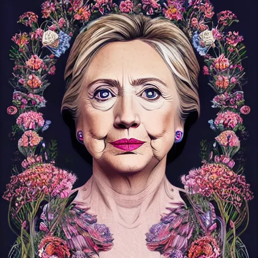 Prompt: portrait of Hillary Clinton as a young pretty woman in flowing dress, arrogant, mysterious, long fine flowing hair, delicate, looking at camera, realistic face, intricate, stylish, elegant, grimdark, flowers, extremely detailed photograph by Martine Johanna and Ernst Haeckel and Greg Rutkowski