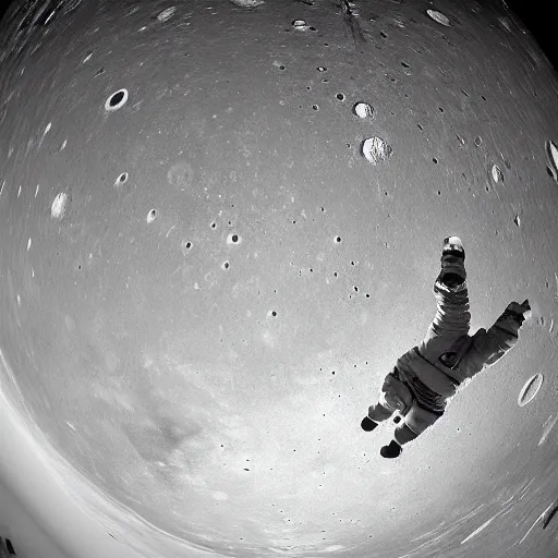 Prompt: two astronauts on the moon looking down at the camera, fish-eye lens, 15mm