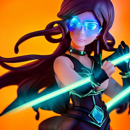 Prompt: cute pvc figure of a powerful sorceress bringing the power of the sun down on her foes, lens flare, chromatic aberration, motion blur