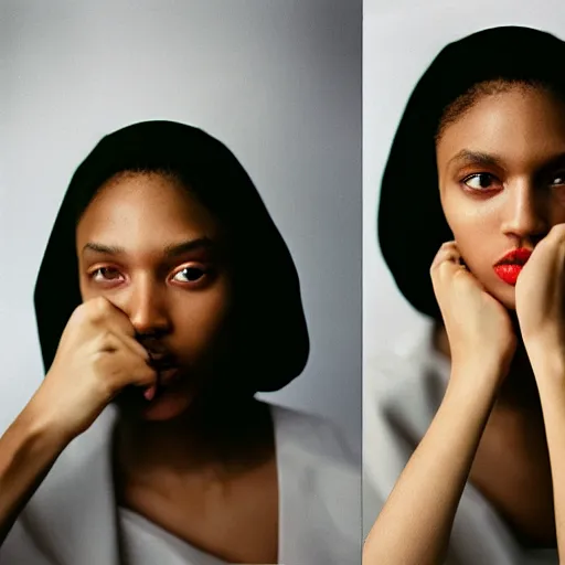 Image similar to realistic! photoshoot for a new vetements lookbook, color film photography, portrait of a beautiful woman, in style of tyler mitchell, 35mm