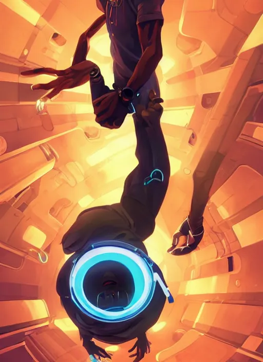 Prompt: young black man floating in a cylindrical chamber, futuristic computer hardware and cybernetic imagery, digital painting artstation, 2 d game fanart behance hd by jesper ejsing, by rhads, makoto shinkai and lois van baarle, ilya kuvshinov, rossdraws, dramatic sunset, global illumination, radiant light, detailed and intricate environment