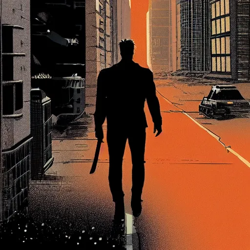 Prompt: Thomas Jane, an illustration of Bruce Wayne walking in the streets of Gotham City with a silhouette of Batman lurking in his shadows, art by Ilya Kuvshinov, highly detailed, comics, epic landscape, HD digital art, artstation