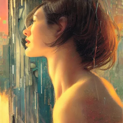 Image similar to detailed face of a woman clothed wrapped in textiles, lush, opulent, fauna, utopian, tech noir, wet reflections, prism, atmospheric, ambient, pj crook, syd mead, livia prima, artgerm, greg rutkowski, nick alm, casey baugh