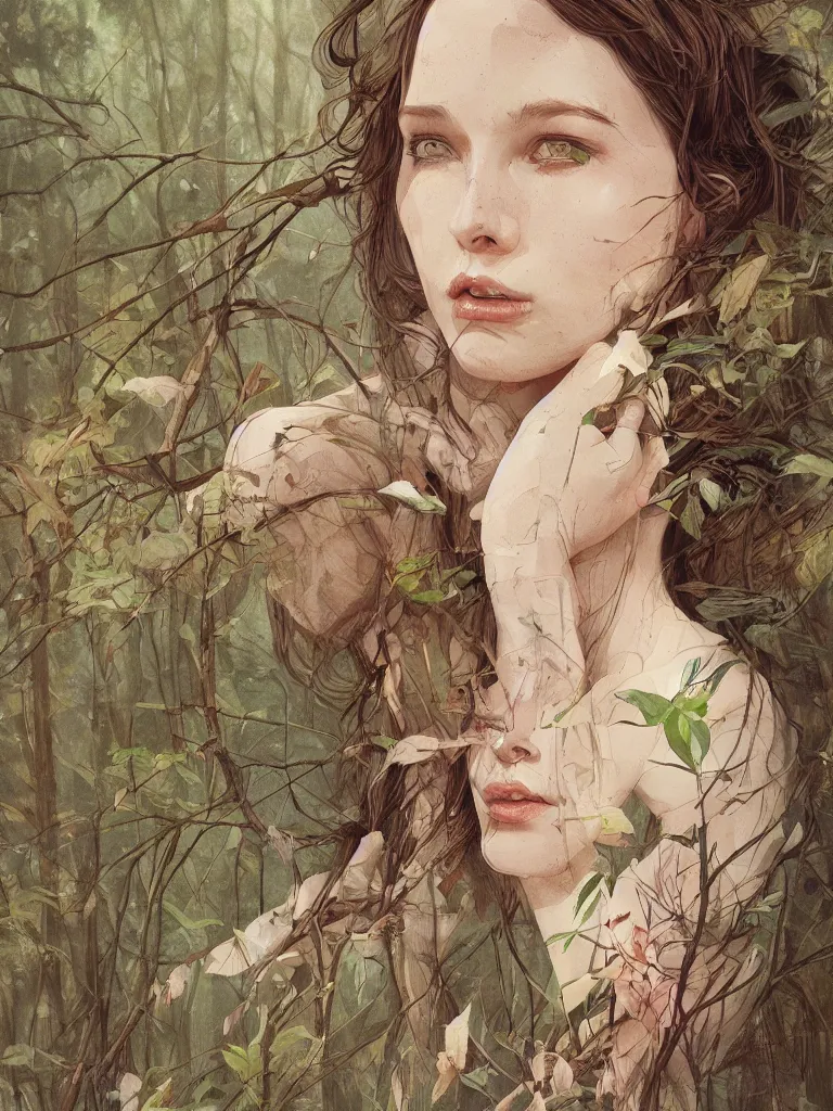 Image similar to artist james jean and sam spratt beautiful illustration of a nature - loving women in the woods, high detail, artstation, natural colors,