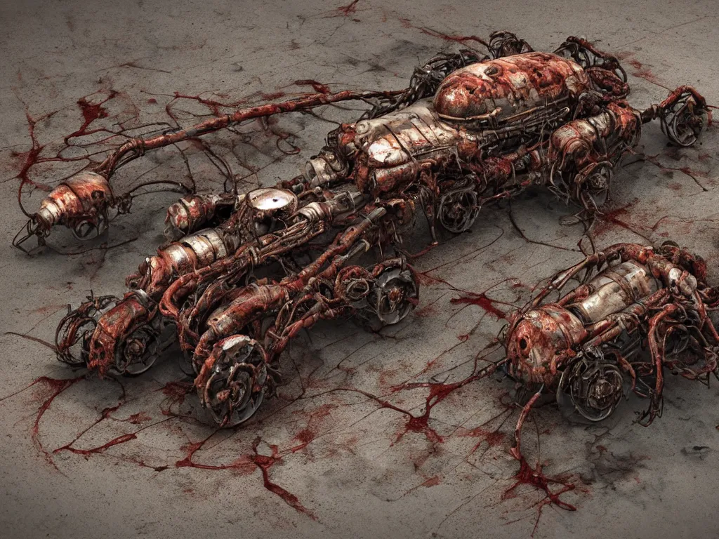 Image similar to Techno-biological rusty T-55 consisting of tumors, meat, veins, bones, guts, kidneys, wires. Biopunk, body-horror, high detail, photorealism, full length view, very rust, concept art, octane render, 16k, 8k