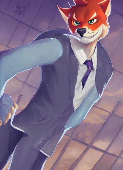 Prompt: character portrait of a male anthro Incineroar fursona with a furry body wearing a dress shirt and slacks in a futuristic city. Character design by charlie bowater, ross tran, artgerm, and makoto shinkai, detailed, inked, western comic book art