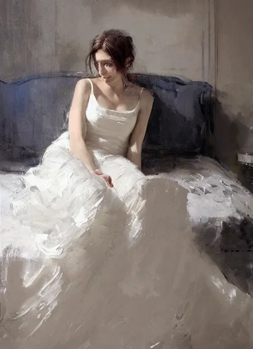 Image similar to portrait painting of a woman posing in an artistic over a bed, white lace wedding dress by jeremy mann, only one head single portrait