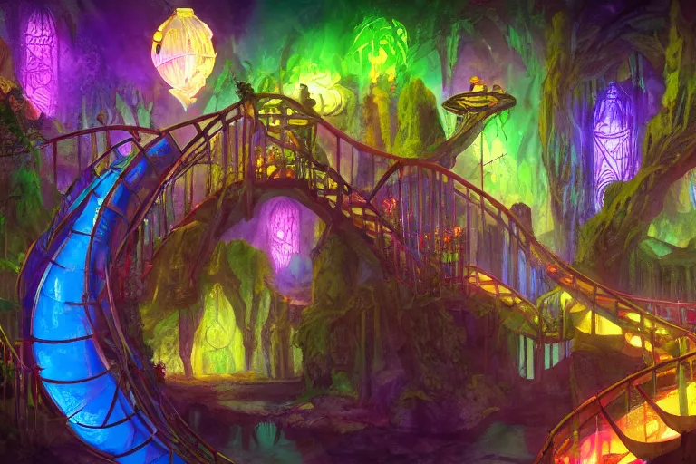 Prompt: ornated waterslide inside dark temple, colorful lights, botanic, by magic the gathering