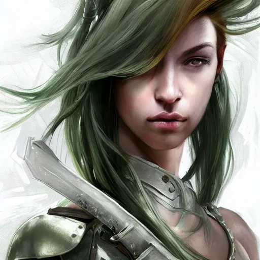 Image similar to a professional painting of a beautiful young female with hair dyed half red and half white, partially clothed in battle armor, olive skin, long dark hair, beautiful bone structure, upper body, symmetrical facial features, intricate, elegant, digital painting, concept art, smooth, sharp focus, illustration, from Metal Gear, by Ruan Jia and Mandy Jurgens and Greg Rutkowski and Artgerm and William-Adolphe Bouguerea and artgerm