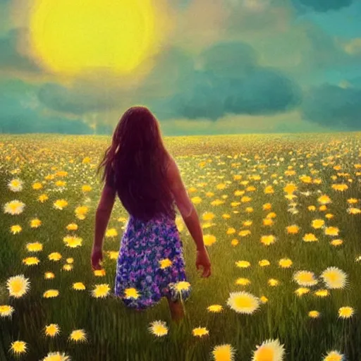 Image similar to head made of giant daisies, girl standing barefoot in a vast flower field, holding flowers, surreal photography, sunrise dramatic light, impressionist painting, colorful clouds, large sky, digital painting, artstation, simon stalenhag, flower face