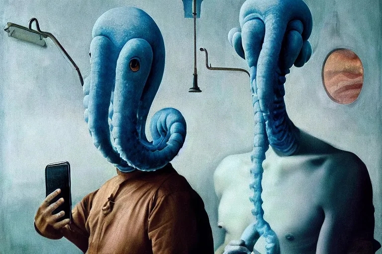 Image similar to hyperrealism aesthetic ridley scott and caravaggio and denis villeneuve style photography of a detailed giant squidward, siting on a detailed ultra huge toilet and scrolling his smartphone in surreal scene from detailed art house movie in style of alejandro jodorowsky and wes anderson