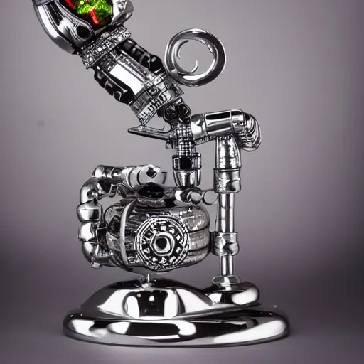 Prompt: robotic steampunk chrome cobra, with rhinestones eyes, blowing smoke from its nostrils and wrapping around a jewelry display stand, real life, photography, cinematic, jewelry commercial