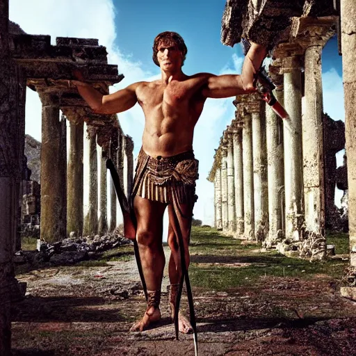 Image similar to portrait of Achilles holding a spear, standing in ruins, fallen columns, highly detailed face, tom chambers photography