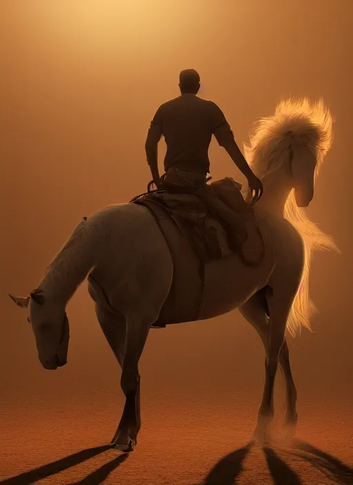 Image similar to horse on back of a man walking in desert, volumetric lighting, beautiful, golden hour, sharp focus, ultra detailed, cgsociety by leesha hannigan, ross tran, thierry doizon, kai carpenter, ignacio fernandez rios, noir photorealism, film