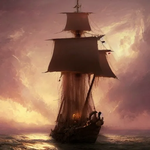 Image similar to detailed gold pirate ship by greg rutkowski, enigmatic atmosphere, beautiful and cinematic lighting, artstation hq.