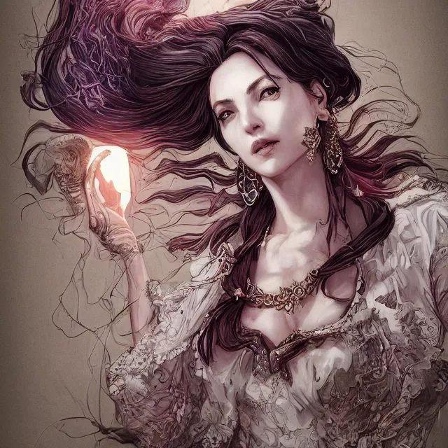 Prompt: the portrait of the lawful evil sorceress lawyer as an absurdly beautiful, graceful, elegant, jaded, woman, an ultrafine hyperdetailed illustration by kim jung gi, irakli nadar, intricate linework, bright colors, octopath traveler, final fantasy, unreal engine 5 highly rendered, global illumination, radiant light, detailed and intricate environment