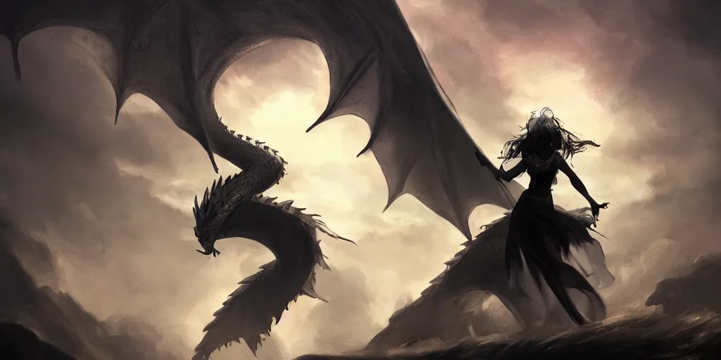 Prompt: black girl riding a dragon surrounded by fluttering white cloth, fantasy, epic scene, illustration, cinematic volume lighting, artstation, art by Jean Thomson