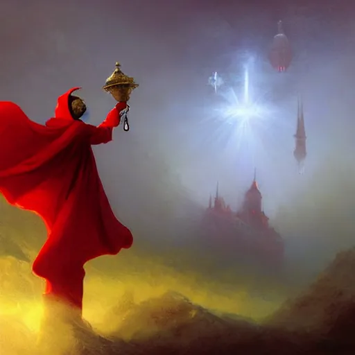 Image similar to ''cinematic shot'' red hooded mage ( spectre ) with bells ringing simetrical 8 k atmosferic realistic, wearing a green cape, holding a bell, made by ivan aivazovsky, peter mohrbacher, greg rutkowski volumetric light effect broad light oil painting painting fantasy art style sci - fi art style realism premium prints available artwork unreal engine