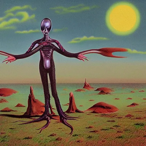 Image similar to robert smith as an alien, illustrated matte painting of a progressive rock album cover, 1 9 7 0 s