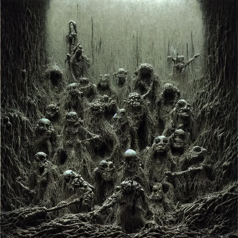 Prompt: dark underground with goblins by Beksinski, Luis Royo