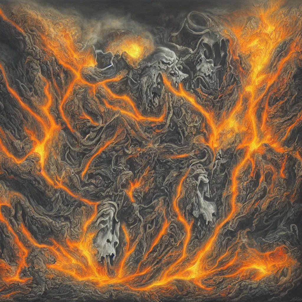 Prompt: an active supervolcano exploding with fire and thick smoke in the shape of a demonic skull by dan seagrave art