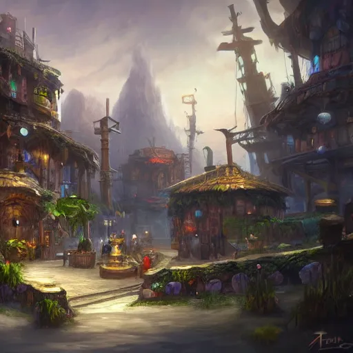 Image similar to the market district in the tribal cloud village, fantasy concept art, 4k, by Tyler Edlin