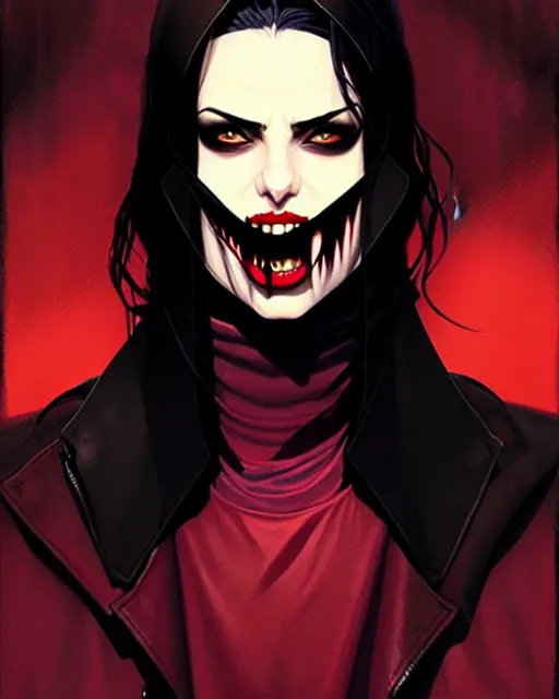 Image similar to rafael albuquerque comic art, peter mohrbacher, phil noto, steve niles, artgerm, pretty willa holland vampire sharp vampire teeth open mouth, symmetrical eyes, black leather jacket, jeans, long black hair