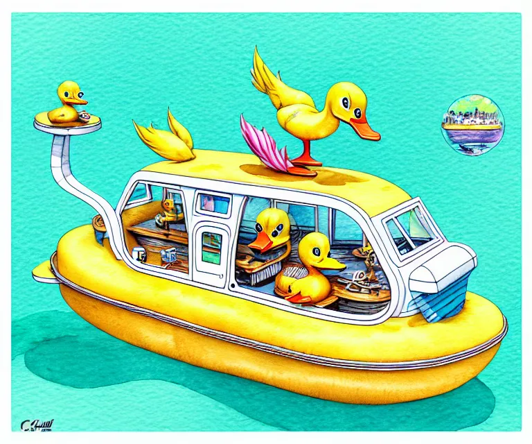 Image similar to cute and funny, duck riding in a tiny cruise ship, ratfink style by ed roth, centered award winning watercolor pen illustration, isometric illustration by chihiro iwasaki, edited by craola, tiny details by artgerm and watercolor girl, symmetrically isometrically centered