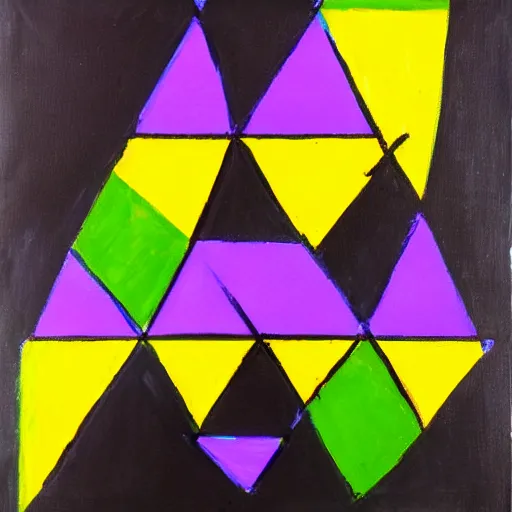 Image similar to painting, rectangle and triangle shapes ( colors : blue, yellow, green ), divided by black lines