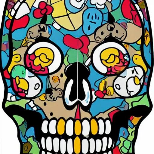 Image similar to portrait painting goofy skull skeleton, hello kitty, comic book, pokemon, highly detailed, art by Singer Sargent and damien hirst