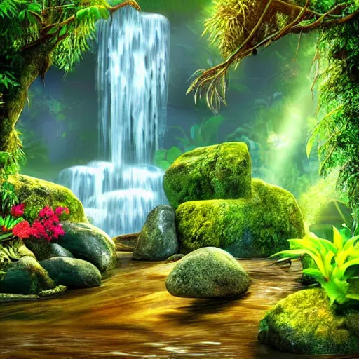 Prompt: beautiful jungle landscape with waterfalls, stones, rocks, plants, flowers, sun rays, warm, sunny, realistic digital art