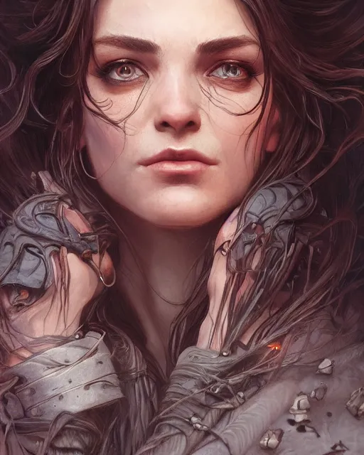 Image similar to close up portrait of a ruggedly handsome female witch, soft hair, half body, leather, d & d, fantasy, intricate, elegant, highly detailed, digital painting, artstation, concept art, smooth, sharp focus, illustration, art by artgerm and greg rutkowski and alphonse mucha