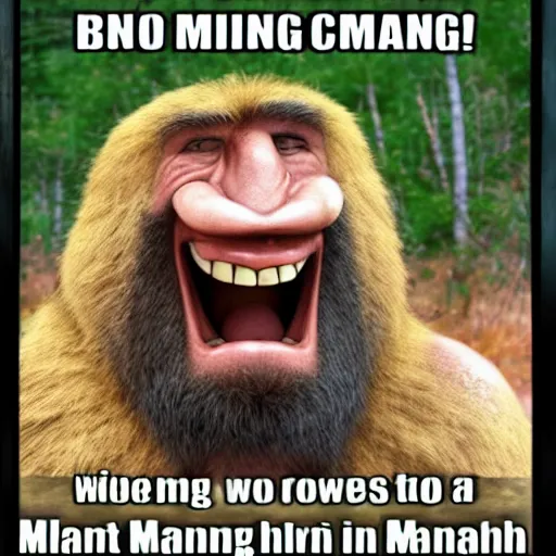 Prompt: Caveman laughing while reading memes about mammoths