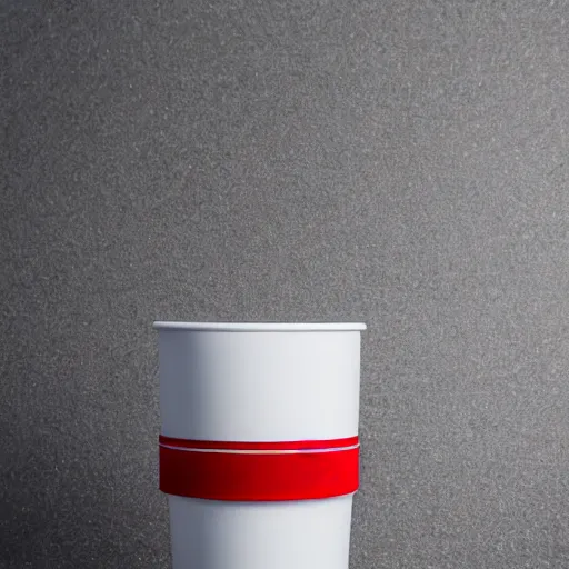 Prompt: an ultra high definition professional studio photograph, 5 0 mm f 1. 4 iso 1 0 0. the photo is set in a plain white room with a plain white plinth centrally located. the photo depicts an object on the plinth. the object is a cup. the cup is red.